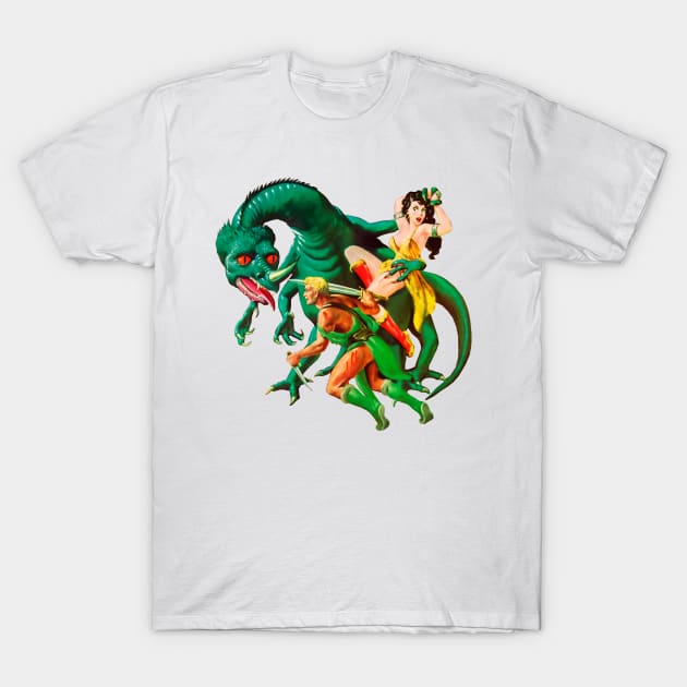 Reptile Monster Retro Vintage Comic Horned Dragon Cover Book Imaginative Tales Enemy of the Qua Pulp Fiction Pin Up Girl Horror Alien T-Shirt by REVISTANGO